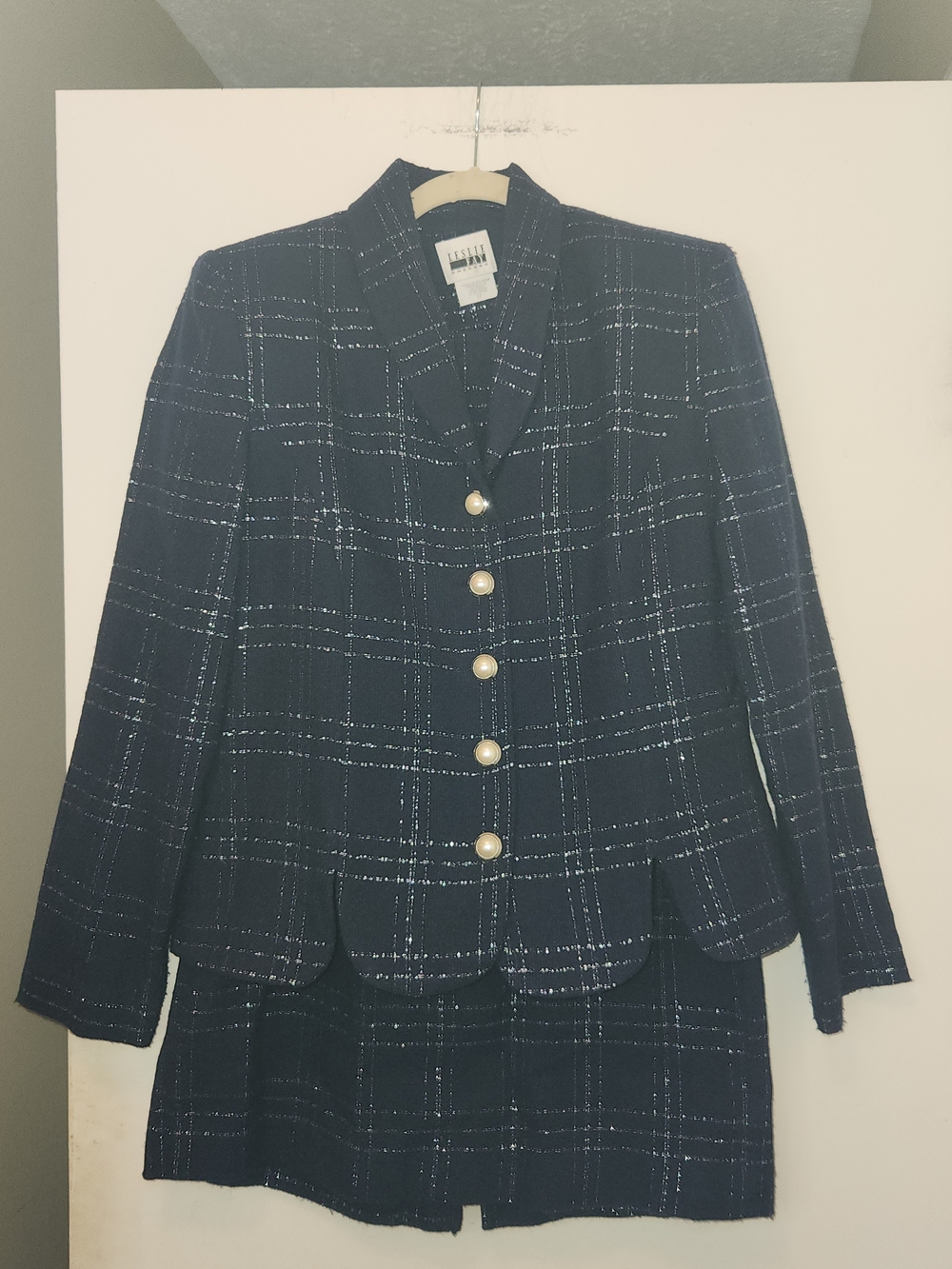 Leslie Fay Vintage Navy Plaid Blazer And Skirt Suit  with Pearl Buttons Size 12